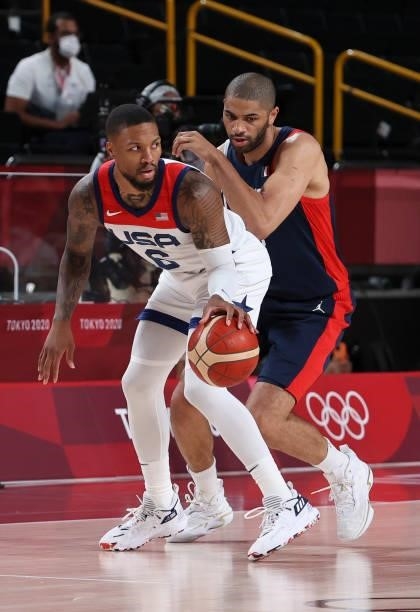 Damian Lillard of USA, Nicolas Batum of France during the Men's Basketball Gold Medal Final between United States and France on day fifteen of the...