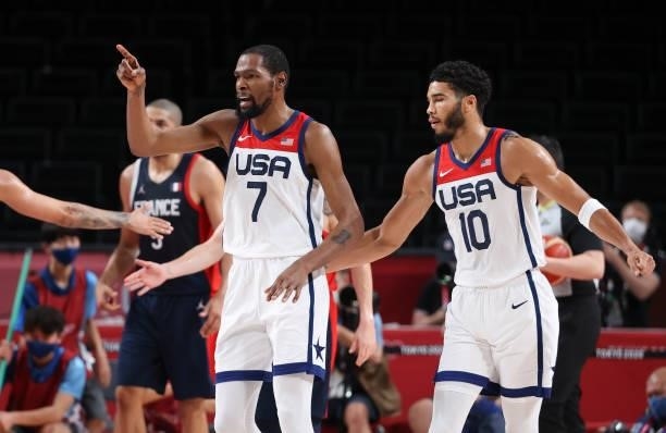 Kevin Durant, Jayson Tatum of USA during the Men's Basketball Gold Medal Final between United States and France on day fifteen of the Tokyo 2020...