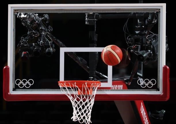 Illustration of the Molten matchball during the Men's Basketball Gold Medal Final between United States and France on day fifteen of the Tokyo 2020...