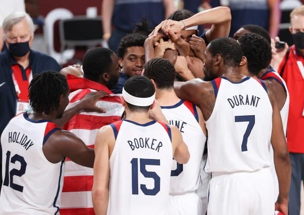 Players of Team USA celebrate the victory following the Men's Basketball Gold Medal Final between United States and France on day fifteen of the...