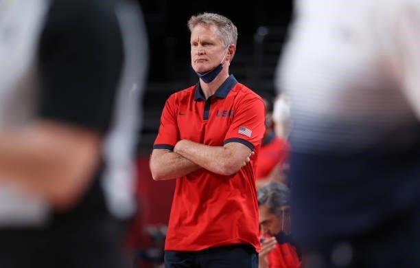 Assistant-coach of Team USA Steve Kerr during the Men's Basketball Gold Medal Final between United States and France on day fifteen of the Tokyo 2020...