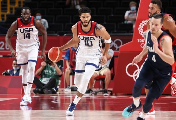 Jayson Tatum of USA during the Men's Basketball Gold Medal Final between United States and France on day fifteen of the Tokyo 2020 Olympic Games at...