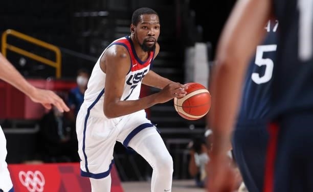 Kevin Durant of USA during the Men's Basketball Gold Medal Final between United States and France on day fifteen of the Tokyo 2020 Olympic Games at...