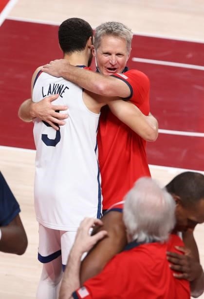 Assistant-coaches of Team USA Steve Kerr and Zach Lavine of USA celebrate the victory following the Men's Basketball Gold Medal Final between United...