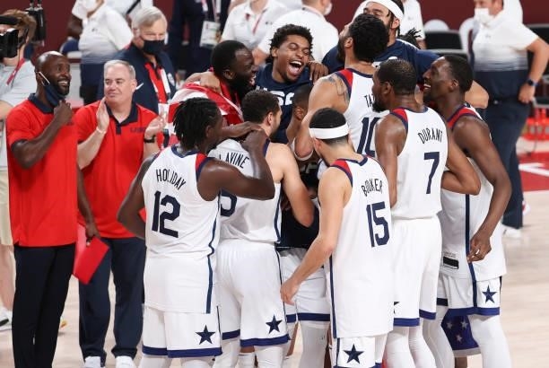 Players of Team USA celebrate the victory following the Men's Basketball Gold Medal Final between United States and France on day fifteen of the...