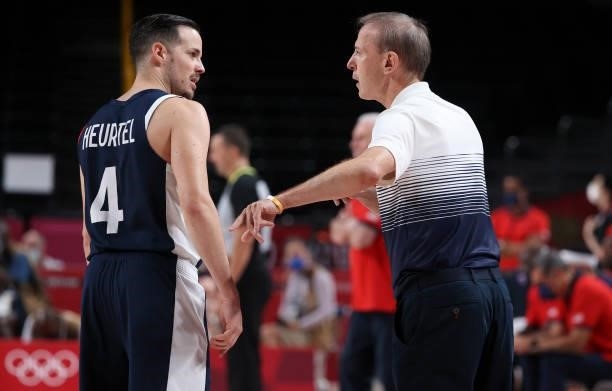 Coach of France Vincent Collet, Thomas Heurtel of France during the Men's Basketball Gold Medal Final between United States and France on day fifteen...