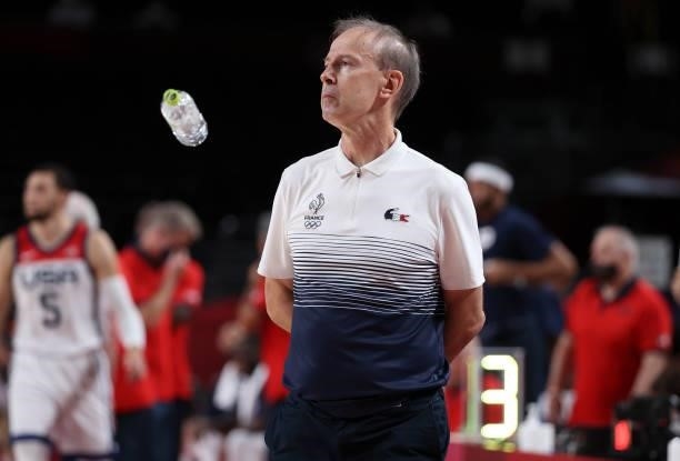 Coach of France Vincent Collet during the Men's Basketball Gold Medal Final between United States and France on day fifteen of the Tokyo 2020 Olympic...