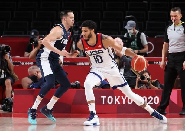 Jayson Tatum of USA, Thomas Heurtel of France during the Men's Basketball Gold Medal Final between United States and France on day fifteen of the...