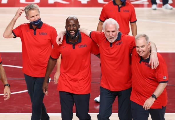 Coach of Team USA Gregg Popovich with his assistant-coaches Steve Kerr, Lloyd Pierce celebrate the victory during the Men's Basketball Gold Medal...