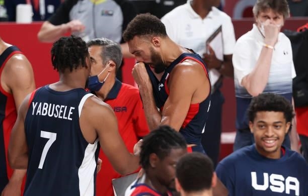 Rudy Gobert of France cries following the defeat in the Men's Basketball Gold Medal Final between United States and France on day fifteen of the...