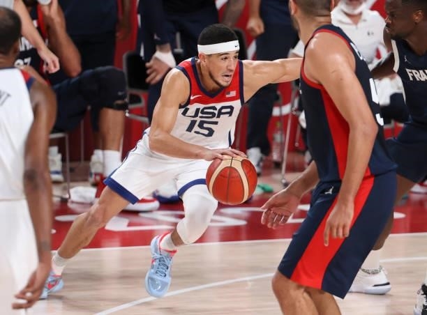 Devin Booker of USA during the Men's Basketball Gold Medal Final between United States and France on day fifteen of the Tokyo 2020 Olympic Games at...