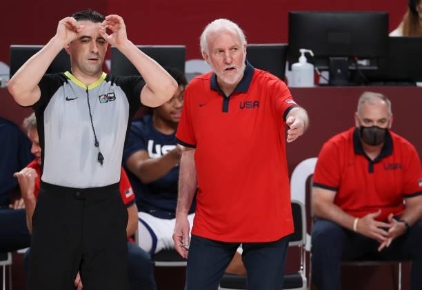 Coach of Team USA Gregg Popovich during the Men's Basketball Gold Medal Final between United States and France on day fifteen of the Tokyo 2020...