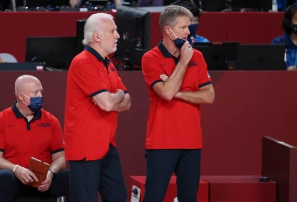 Coach of Team USA Gregg Popovich, assistant-coach Steve Kerr following the Men's Basketball Gold Medal Final between United States and France on day...