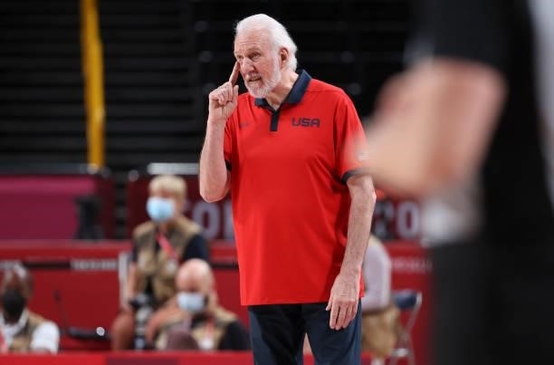 Coach of Team USA Gregg Popovich during the Men's Basketball Gold Medal Final between United States and France on day fifteen of the Tokyo 2020...