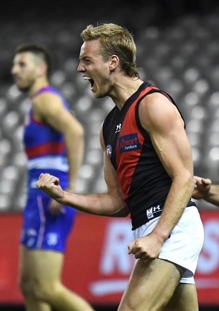 Darcy Parish of the Bombers celebrates kicking a goal during the round 21 AFL match between Western Bulldogs and Essendon Bombers at Marvel Stadium...