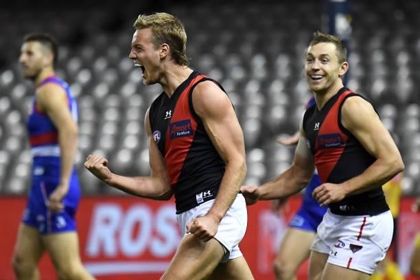 Darcy Parish of the Bombers celebrates kicking a goal during the round 21 AFL match between Western Bulldogs and Essendon Bombers at Marvel Stadium...
