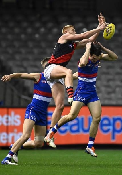 Peter Wright of the Bombers attempts to mark during the round 21 AFL match between Western Bulldogs and Essendon Bombers at Marvel Stadium on August...