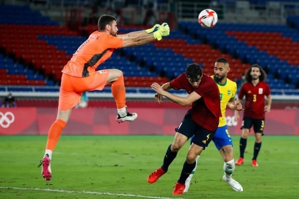 Unai Simon of Spain competes for the ball during the Men's Gold Medal Match between Brazil and Spain on day fifteen of the Tokyo 2020 Olympic Games...