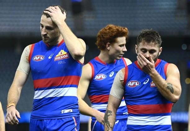 Marcus Bontempelli and Caleb Daniel of the Bulldogs look dejected after losing the round 21 AFL match between Western Bulldogs and Essendon Bombers...