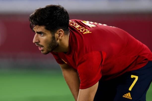 Marco Asensio of Spain looks on during the Men's Gold Medal Match between Brazil and Spain on day fifteen of the Tokyo 2020 Olympic Games at...
