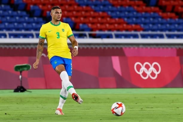 Diego Carlos of Brazil controls the ball during the Men's Gold Medal Match between Brazil and Spain on day fifteen of the Tokyo 2020 Olympic Games at...