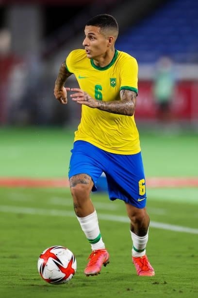 Guilherme Arana of Brazil controls the ball during the Men's Gold Medal Match between Brazil and Spain on day fifteen of the Tokyo 2020 Olympic Games...
