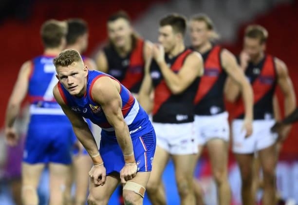 Adam Treloar of the Bulldogs looks dejected after losing the round 21 AFL match between Western Bulldogs and Essendon Bombers at Marvel Stadium on...
