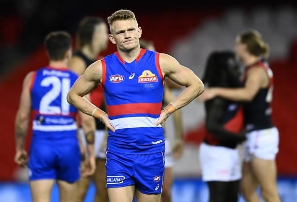 Adam Treloar of the Bulldogs looks dejected after losing the round 21 AFL match between Western Bulldogs and Essendon Bombers at Marvel Stadium on...