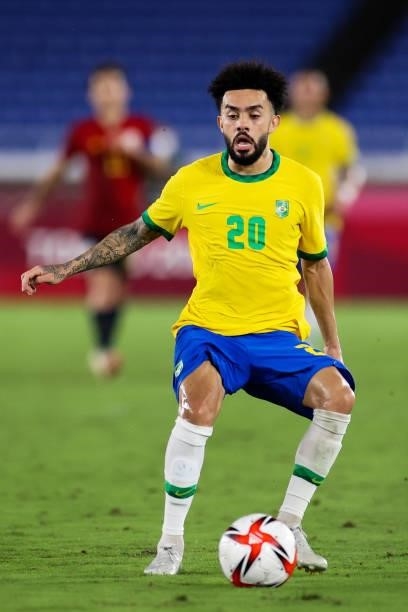 Claudinho of Brazil controls the ball during the Men's Gold Medal Match between Brazil and Spain on day fifteen of the Tokyo 2020 Olympic Games at...