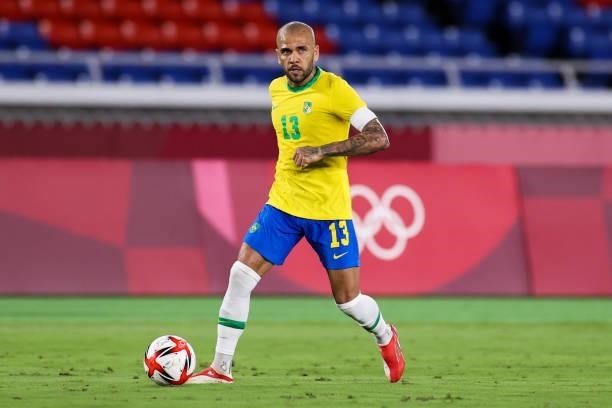Dani Alves of Brazil controls the ball during the Men's Gold Medal Match between Brazil and Spain on day fifteen of the Tokyo 2020 Olympic Games at...