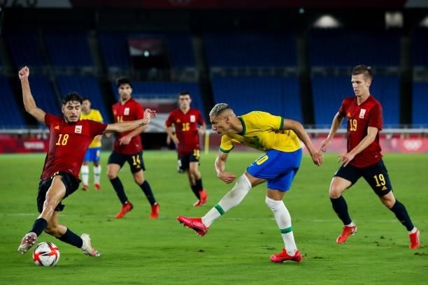 Richarlison of Brazil shots the ball during the Men's Gold Medal Match between Brazil and Spain on day fifteen of the Tokyo 2020 Olympic Games at...