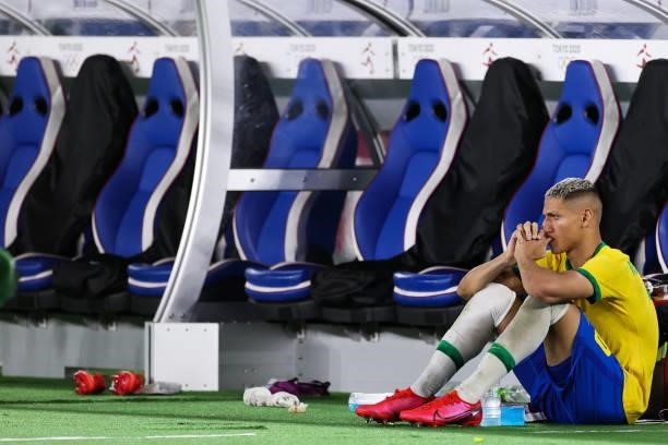 Richarlison of Brazil looks on during the Men's Gold Medal Match between Brazil and Spain on day fifteen of the Tokyo 2020 Olympic Games at...