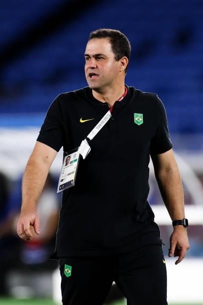 Andre Jardine head coach of Brazil looks on during the Men's Gold Medal Match between Brazil and Spain on day fifteen of the Tokyo 2020 Olympic Games...