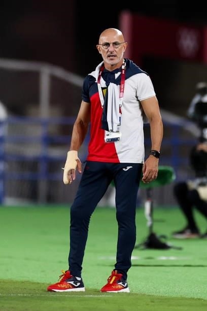 Luis De La Fuente head coach of Spain looks on during the Men's Gold Medal Match between Brazil and Spain on day fifteen of the Tokyo 2020 Olympic...