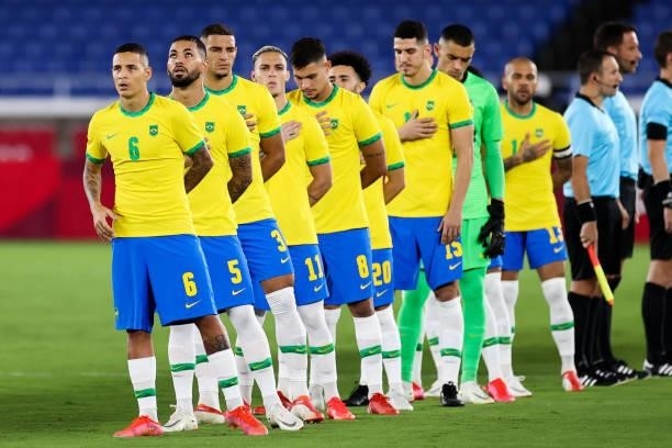 Players of Brazil line up during the Men's Gold Medal Match between Brazil and Spain on day fifteen of the Tokyo 2020 Olympic Games at International...