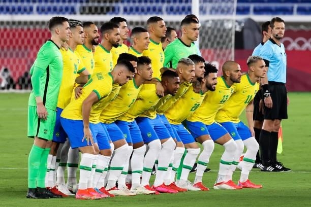 Players of Brazil line up during the Men's Gold Medal Match between Brazil and Spain on day fifteen of the Tokyo 2020 Olympic Games at International...