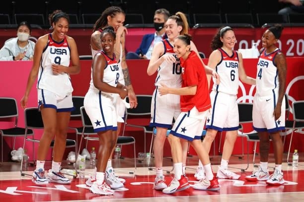 Team United States celebrates after defeating Team Japan 90-75 to win the women's gold medal match between Team United States and Team Japan on day...