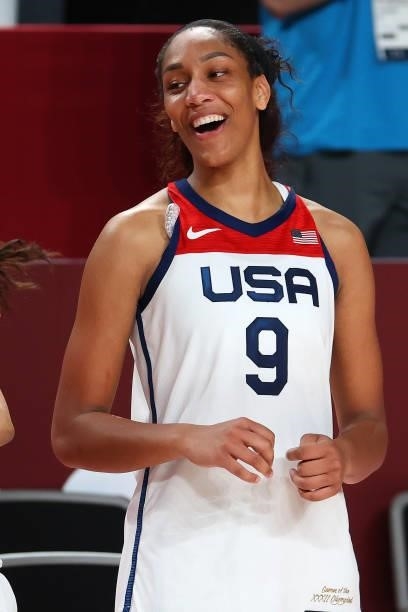 Ja Wilson of Team United States celebrates after defeating Team Japan 90-75 to win the women's gold medal match between Team United States and Team...