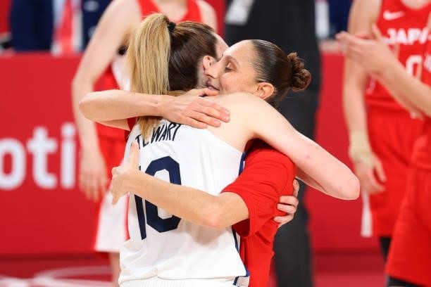 Breanna Stewart and Diana Taurasi of Team United States celebrate after defeating Team Japan 90-75 to win the women's gold medal match between Team...