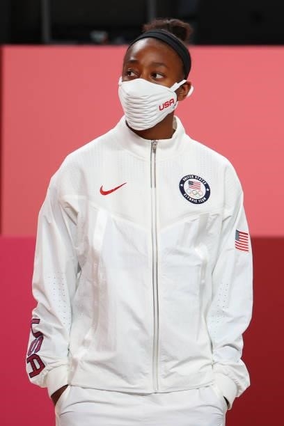 Jewell Loyd of Team United States looks on during the medal ceremony after defeating Team Japan 90-75 to win the women's gold medal match between...