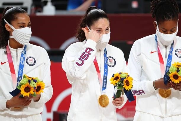Sue Bird of Team United States reacts during the medal ceremony after defeating Team Japan 90-75 to win the women's gold medal match between Team...