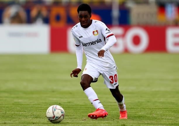 Jeremie Frimpong of Bayer Leverkusen controls the ball during the DFB Cup first round match between 1. FC Lok Leipzig and Bayer Leverkusen at Bruno...