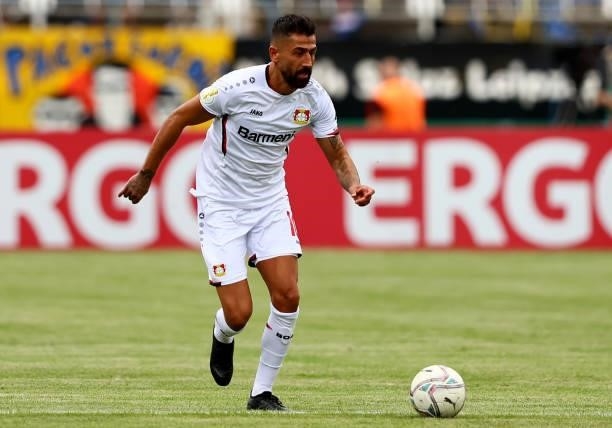 Kerem Demirbay of Bayer Leverkusen controls the ball during the DFB Cup first round match between 1. FC Lok Leipzig and Bayer Leverkusen at Bruno...