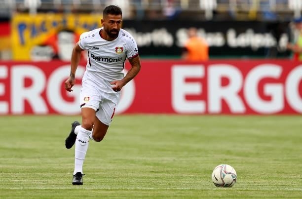 Kerem Demirbay of Bayer Leverkusen controls the ball during the DFB Cup first round match between 1. FC Lok Leipzig and Bayer Leverkusen at Bruno...