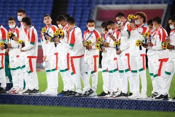 Team Mexico looks on during the medal ceremony after receiving their bronze medals at International Stadium Yokohama on August 07, 2021 in Yokohama,...