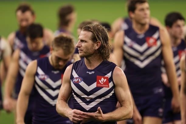 David Mundy of the Dockers leads the team from the field after being defeated during the round 21 AFL match between Fremantle Dockers and Brisbane...