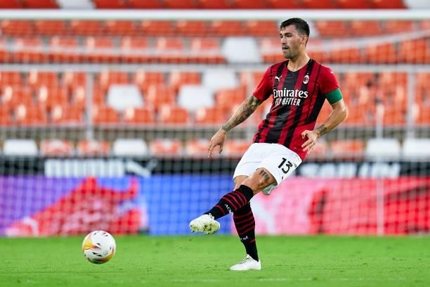 Alessio Romagnoli of AC Milan with the ball during a pre-season friendly match between Valencia CF and AC Milan at Estadi de Mestalla on August 04,...