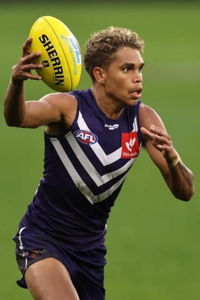 Liam Henry of the Dockers in action during the round 21 AFL match between Fremantle Dockers and Brisbane Lions at Optus Stadium on August 08, 2021 in...