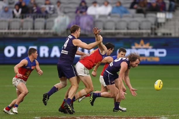 David Mundy of the Dockers runs onto the ball during the round 21 AFL match between Fremantle Dockers and Brisbane Lions at Optus Stadium on August...
