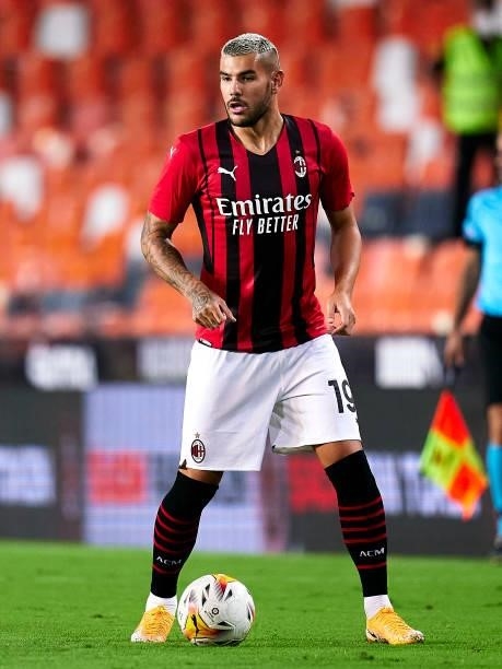 Theo Hernandez of AC Milan with the ball during a pre-season friendly match between Valencia CF and AC Milan at Estadi de Mestalla on August 04, 2021...